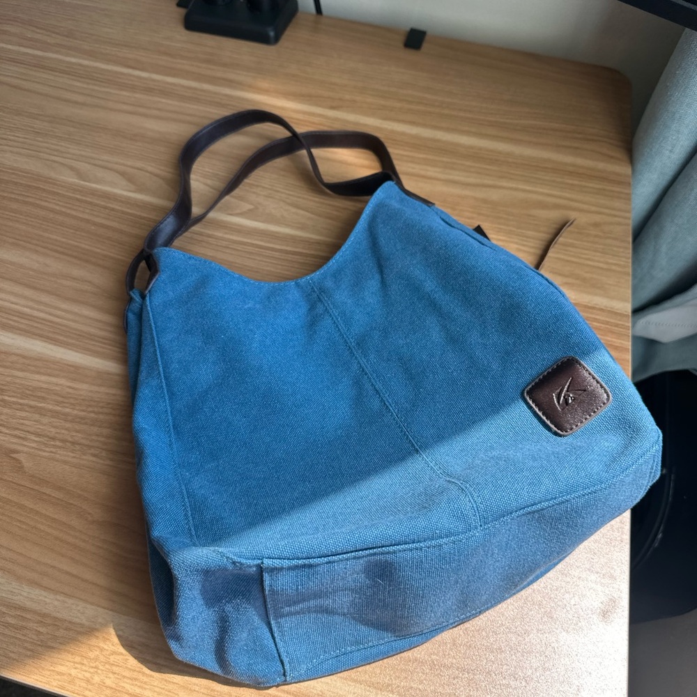 Blue Canvas Shoulder Bag with Brown Trim - Picture 2 of 10